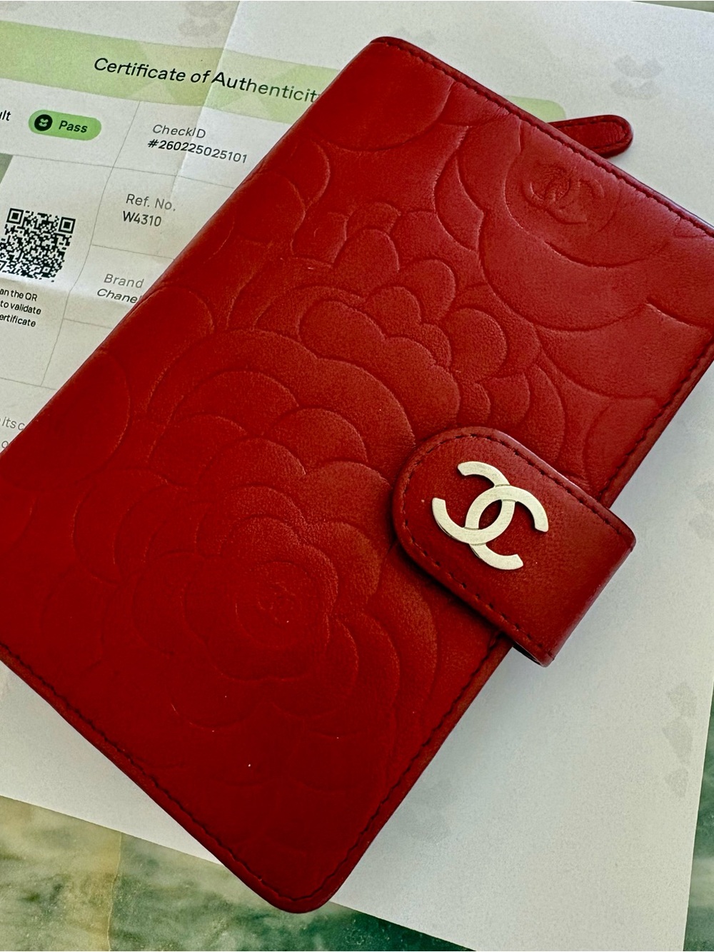CERTIFIED CHANEL Red Floral Camellia Leather Cardholder CC Logo Large Capacity